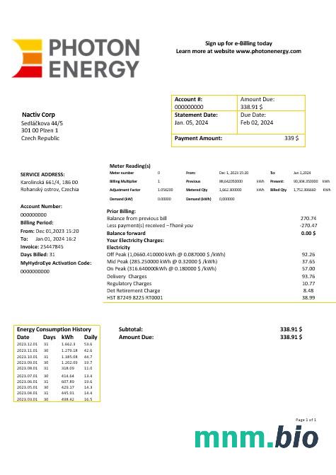 Czech Republic Photon Energy rachunek za usługi komunalne szablon w formatach Word i pdf